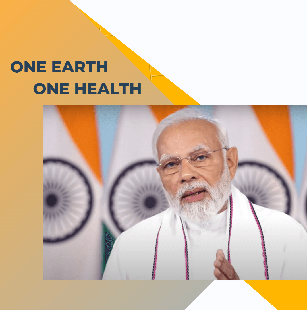 Narendra modi picture with flag behind and text one health one earth|Narendra modi picture with flag behind and text post budget webinar health and medical research