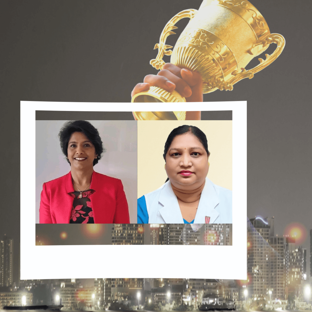 Photo of Jerry and Shanti with image of award cup